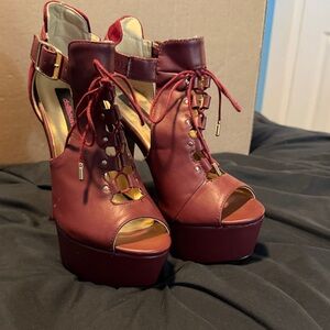 Dollhouse Burgundy Lace-Up Platform Heels
